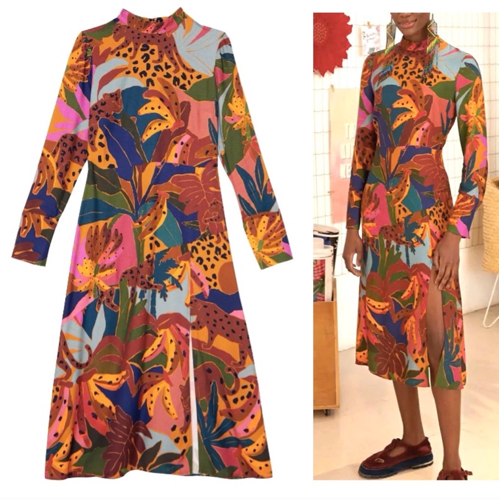 FARM Rio Leopard Jungle Long Sleeve High Neck Front Slit Colorful Midi Dress XL